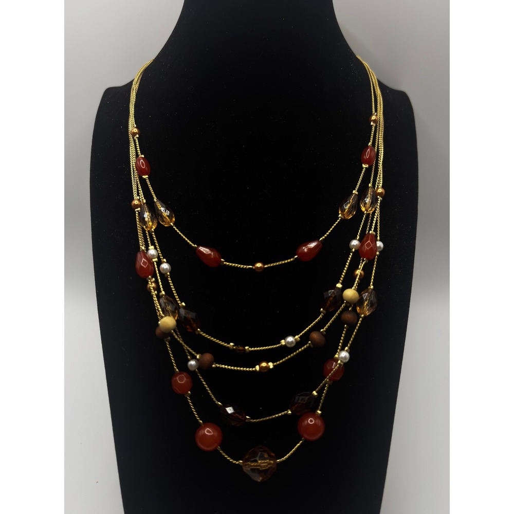 Villager Necklace Womens 16in Gold Red Multi Strand Beaded Layered Bib Boho